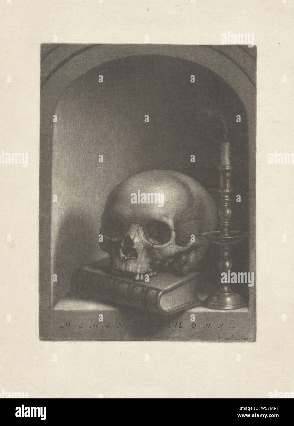 Vanitas bodegón en un nicho Memento Mori (título de objeto), todavía la vida en un nicho con una calavera en un libro y una vela de fumar un candelero., Wallerant Vaillant (mencionado en la película), 1658 - 1677, el papel, la h 224 mm × 163 mm w Foto de stock