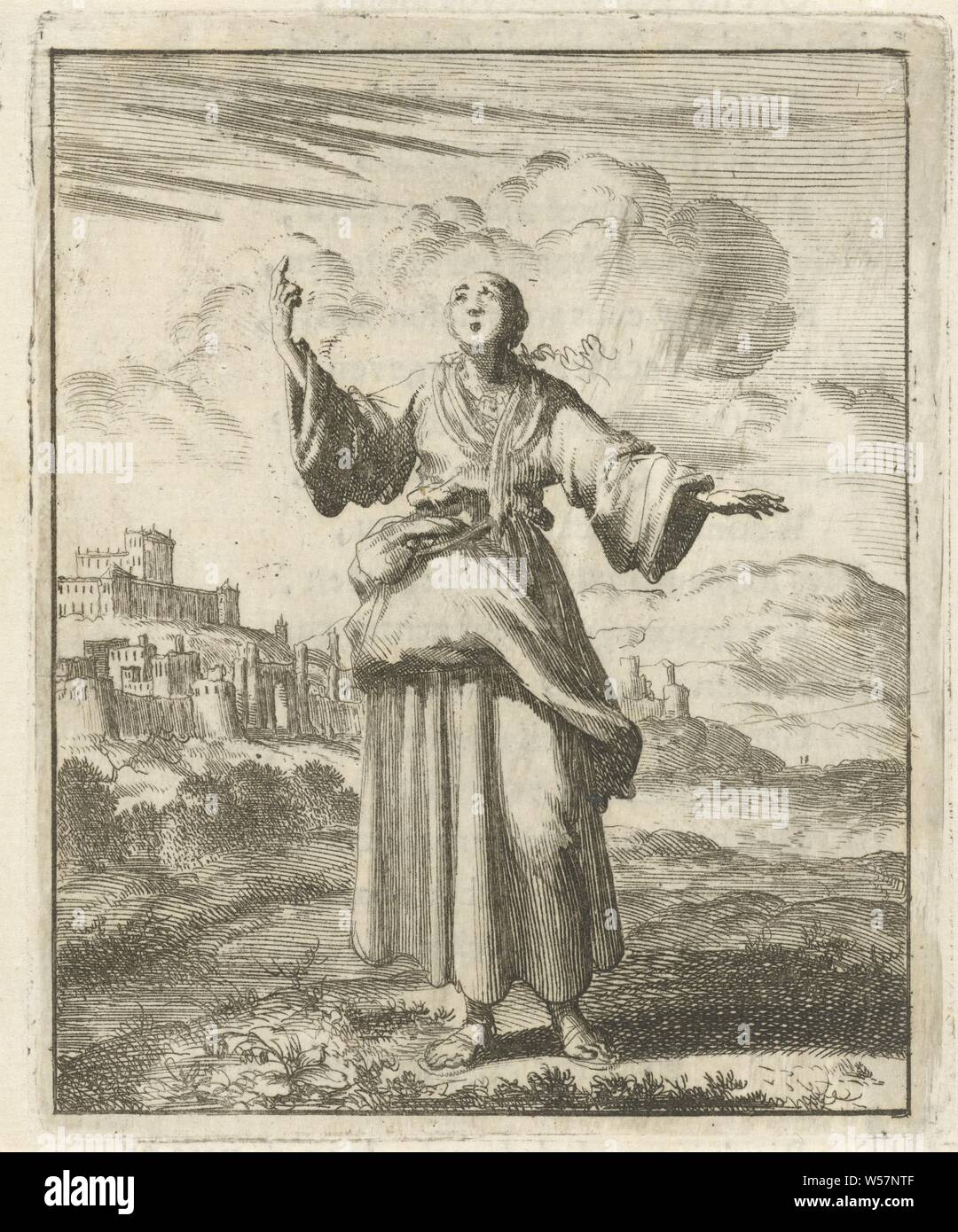 Mujer señalando al cielo ni mucho ni wyt, pero ahí está, el firmamento, el cielo, Jan Luyken, Amsterdam, 1687, el papel, la tipografía, h 96 mm × 77 mm w Foto de stock