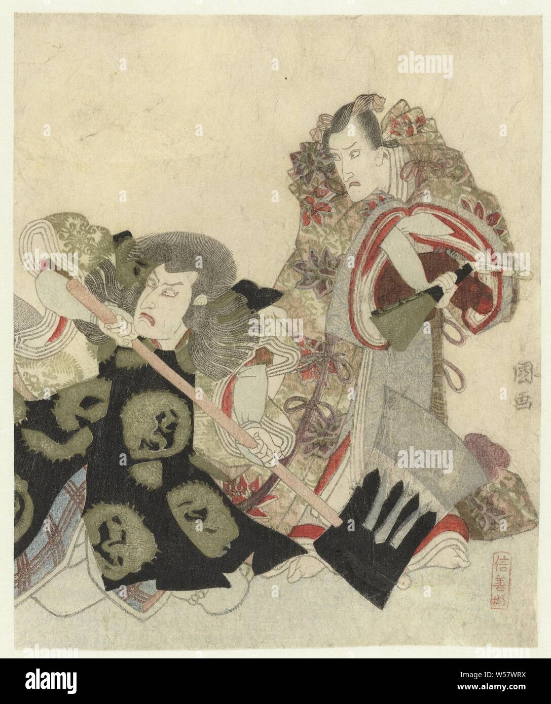 Ichikawa Danjûrô VII como Yoshimune no Munesada con ventilador y Ichikawa Omezô en el papel de Sekibei con AX, los actores Ichikawa Danjûrô VII (1791-1859) en el papel de Yoshimune no Munesada y Ichikawa Omezô ( 1769-1833) como de la play Tsumoru Sekibei koi no yuki sekinoto Ichimura, llevada a cabo en el teatro en Edo en 1821. La impresión era originalmente más grande, pero los tres poemas fueron cortados., Toyokuni (I), Utagawa (mencionado en la película), el Japón de 1822, papel de color, xilografía, h w 200 mm × 167 mm Foto de stock