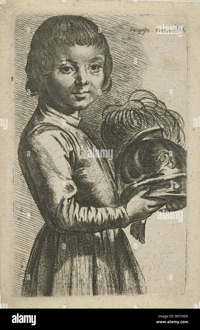 Niño con casco, Boy, longitud media, a la derecha en sus manos un casco  griego con pluma, casco, Johannes Gronsveld (mencionado en la película),  Amsterdam, 1679 - 1728, el papel, el grabado,