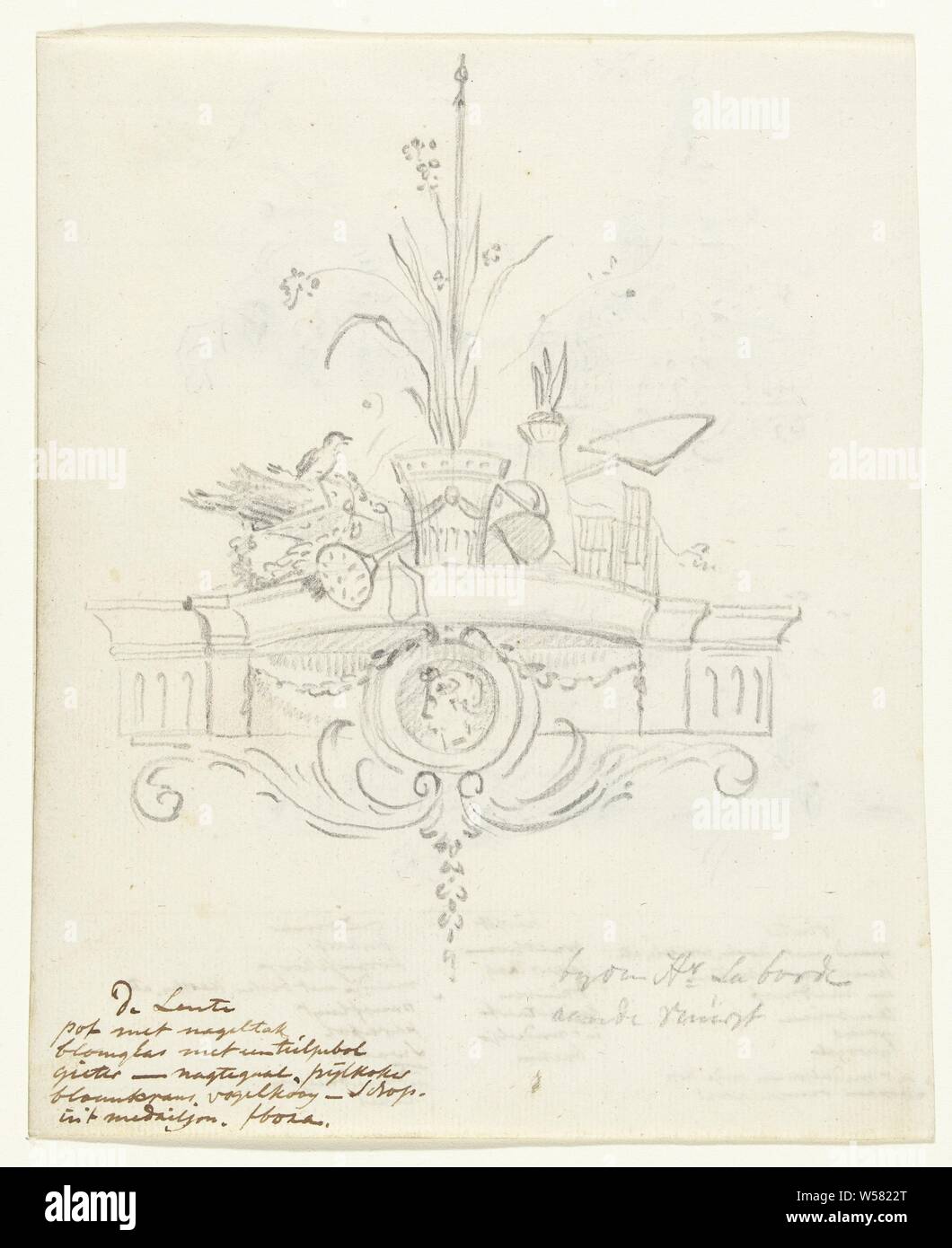 Diseño para una decoración de pared con la alegoría de la primavera, Jurriaan Andriessen, c. 1752 - c. 1819, papel, grafito (mineral), h 193 mm × 158 mm w Foto de stock