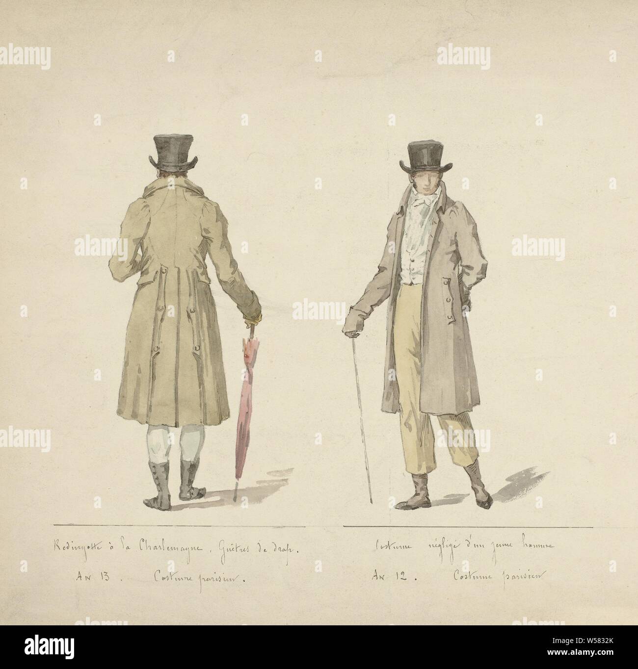 Oficial de las Damas y la moda, traje Parisien, 1803-1804: Redingotte à la  Charlemagne ..., a la izquierda un hombre visto en la espalda, en una  chaqueta que se convirtió en "Redingotte