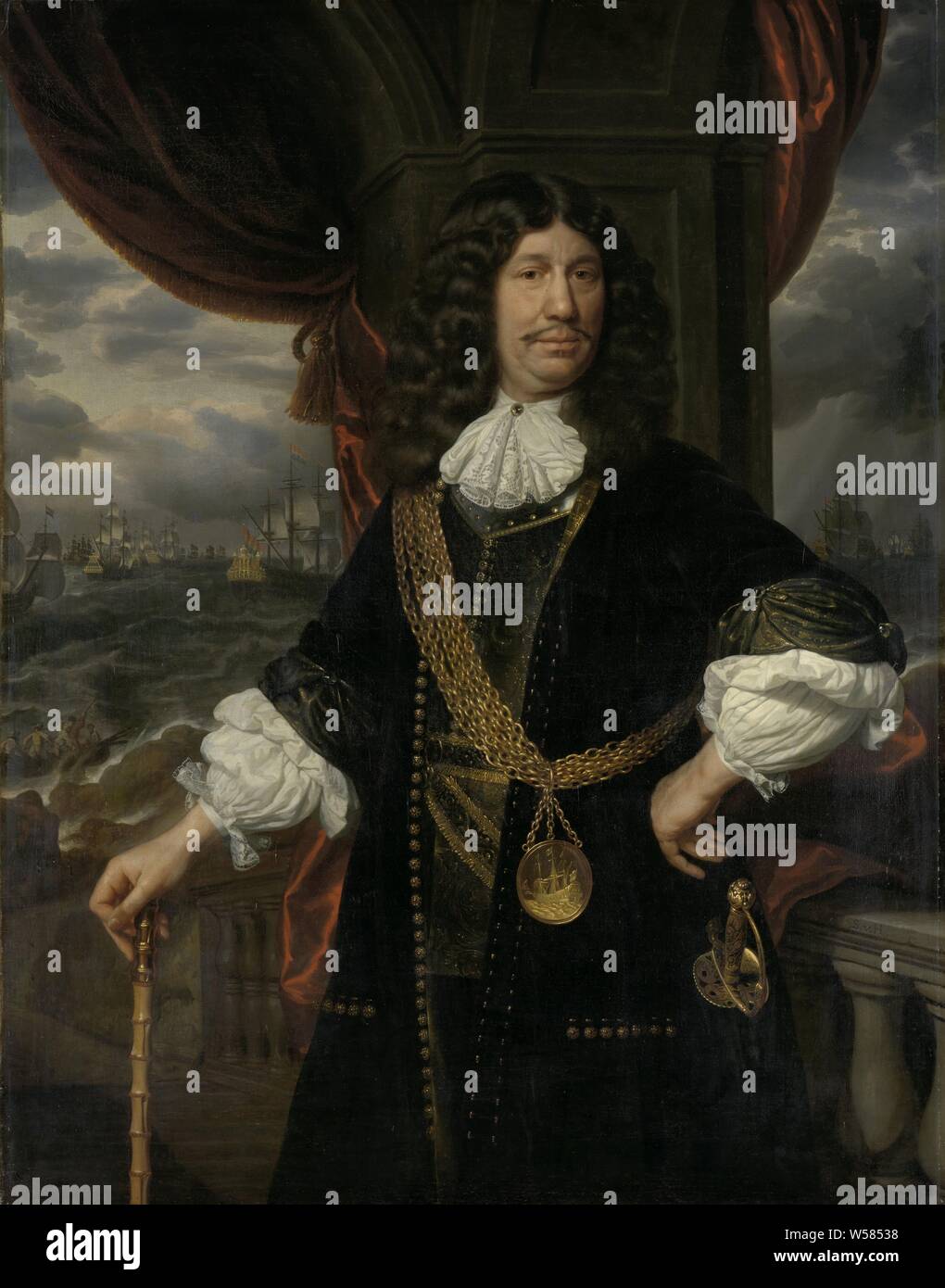Retrato de Mattheus van den Broucke (1620-1685). Consejero de las Indias, Retrato de Mattheus van den Broucke, Consejo de Indias, adornada con la cadena de oro y la Medalla que la VOC le dio en 1670. En 1677 Alcalde de Dordrecht. De pie, a mitad de camino, en frente de una balaustrada. En la mano derecha un bastón, la mano izquierda en el lateral. En el fondo una marina con veleros, Mattheus van den Broucke, Dutch East India Company, Samuel van Hoogstraten, 1670 - 1678, lienzo, pintura de aceite (pintura), h 142 cm × W 111 cm d de 10,5 cm. Foto de stock
