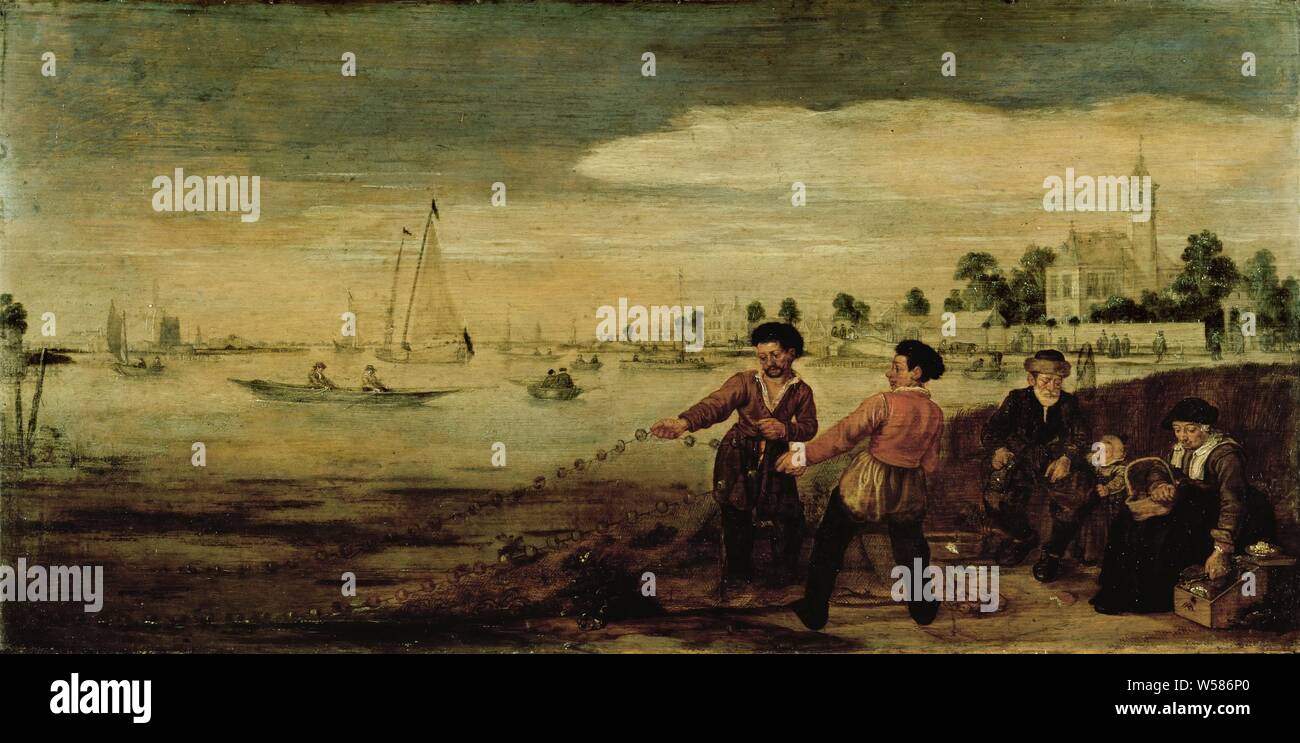 Los pescadores en la orilla del Amstel, cerca de la Pauwentuin, Amsterdam, pescadores en el Amstel en Amsterdam, en las cercanías de 'De Pauwentuin', la casa de la familia de Pauw. Dos hombres llevan en la red, Arent Arentsz., c. 1625 - c. 1630, panel, pintura de aceite (pintura), apoyo: h 25,4 cm × W 50,5 cm × 0,8 cm t marco: h 41,2 cm × W 66,5 cm × 5 cm tamaño t vista: H 25 cm × W 50 Foto de stock