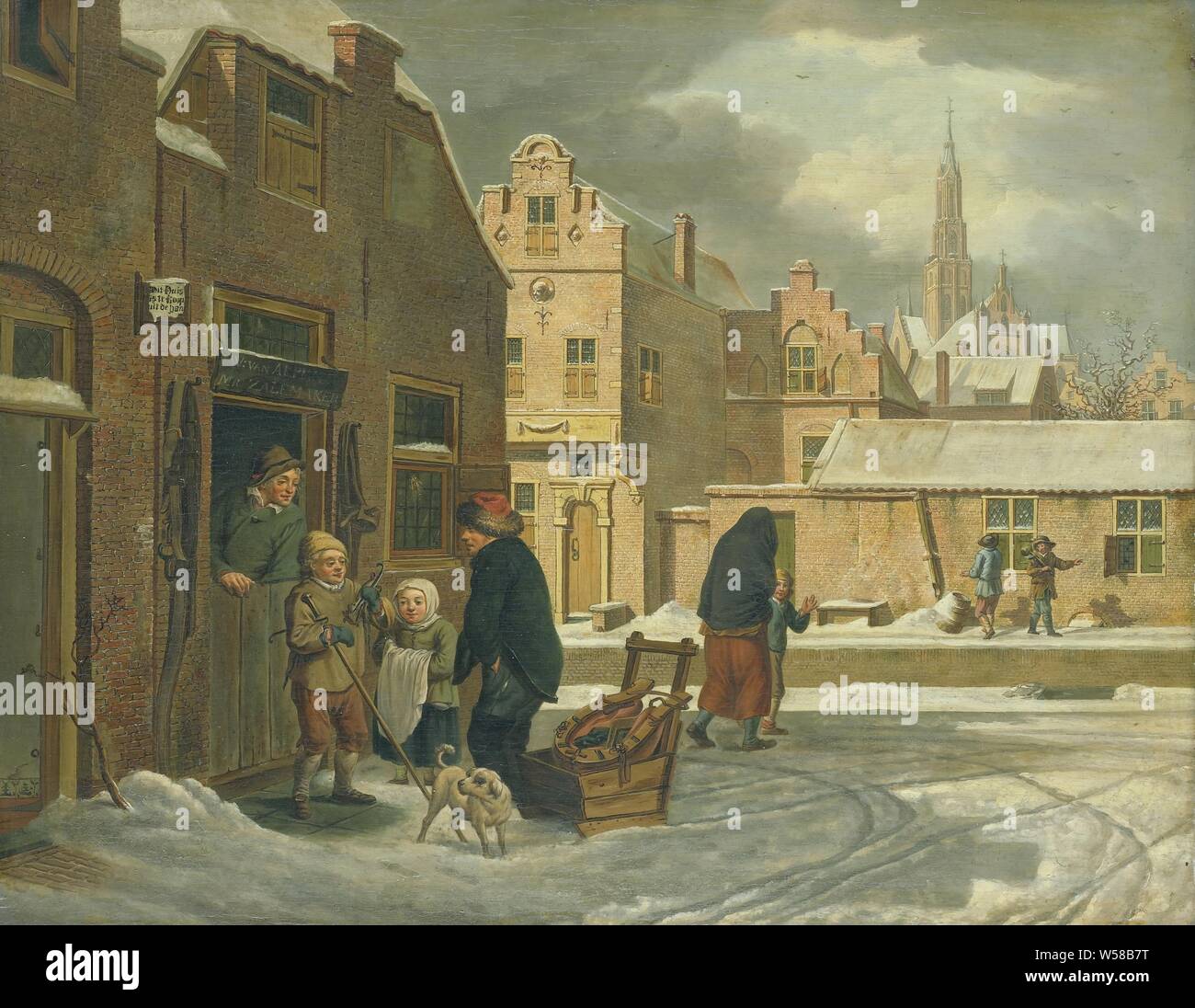 Vista de la ciudad en el invierno, vista de la ciudad en el invierno. Un  hombre con un trineo y dos niños están de pie delante de la casa. Un hombre  se