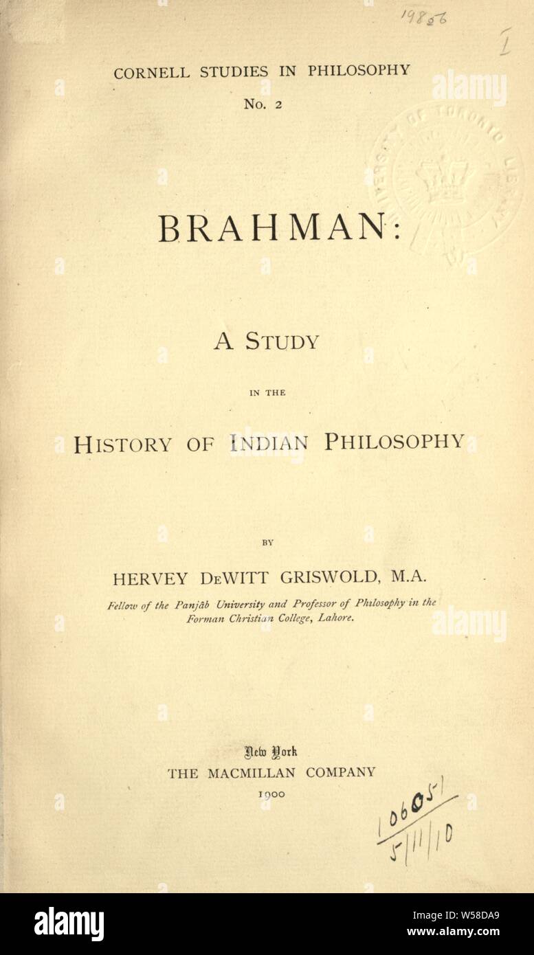 Brahman: un estudio de la historia de la filosofía india : Griswold, Hervey DeWitt Foto de stock