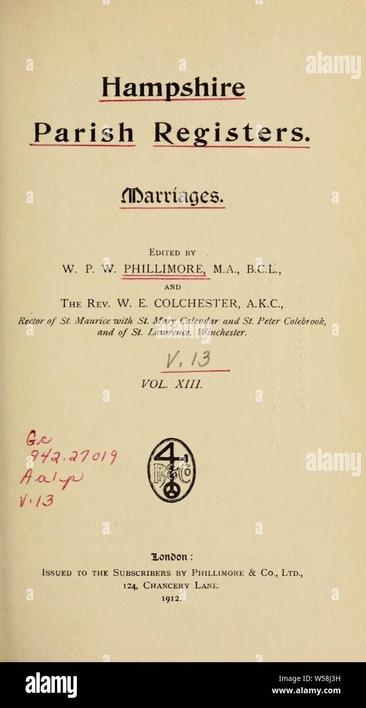 Hampshire registros parroquiales. Matrimonios : Phillimore, W. P. W. (William Phillimore Vatios), 1853-1913, ed. Foto de stock