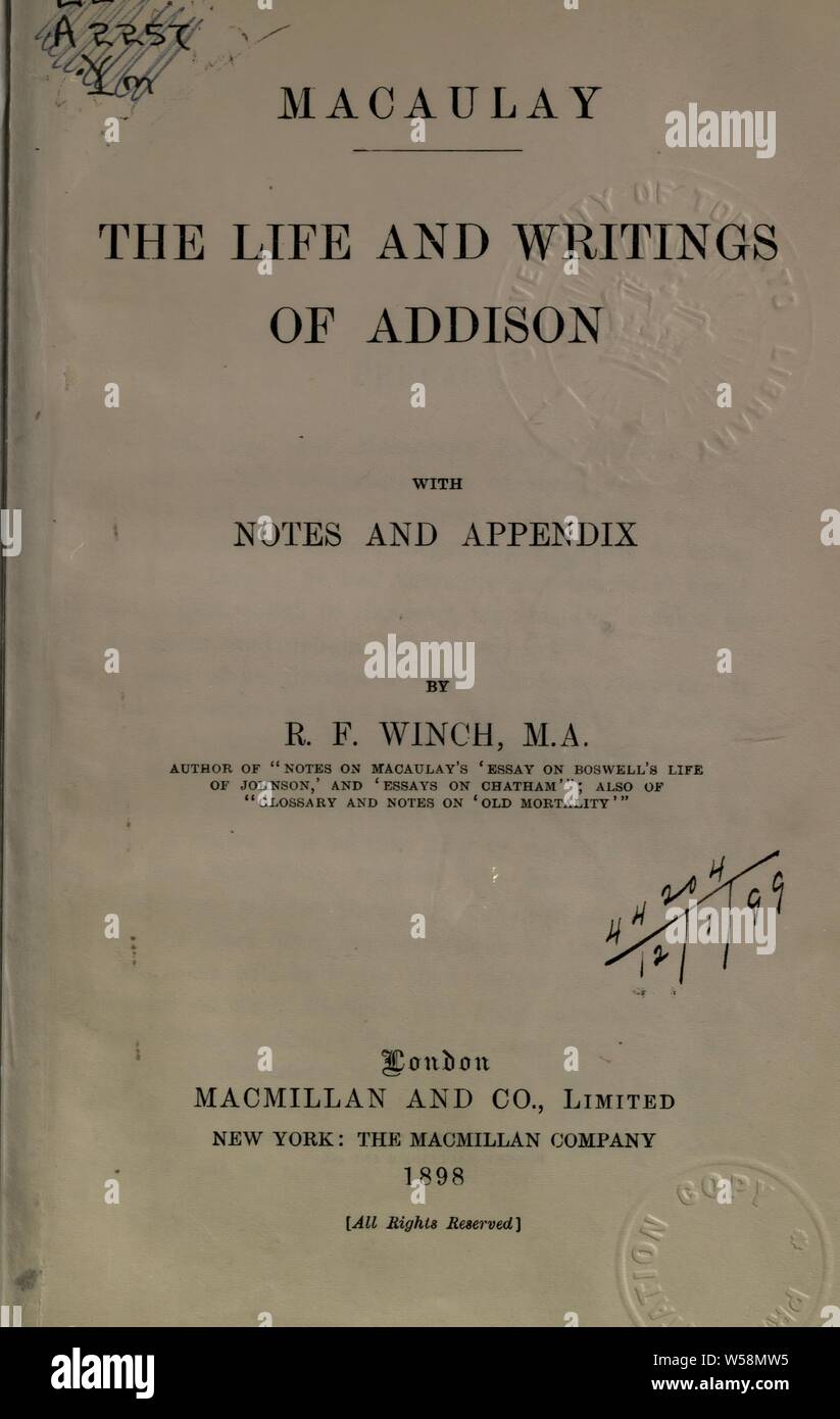 La vida y los escritos de Addison. Con notas y apéndice por R.F. Cabrestante: Macaulay, Thomas Babington Macaulay, Baron, 1800-1859 Foto de stock