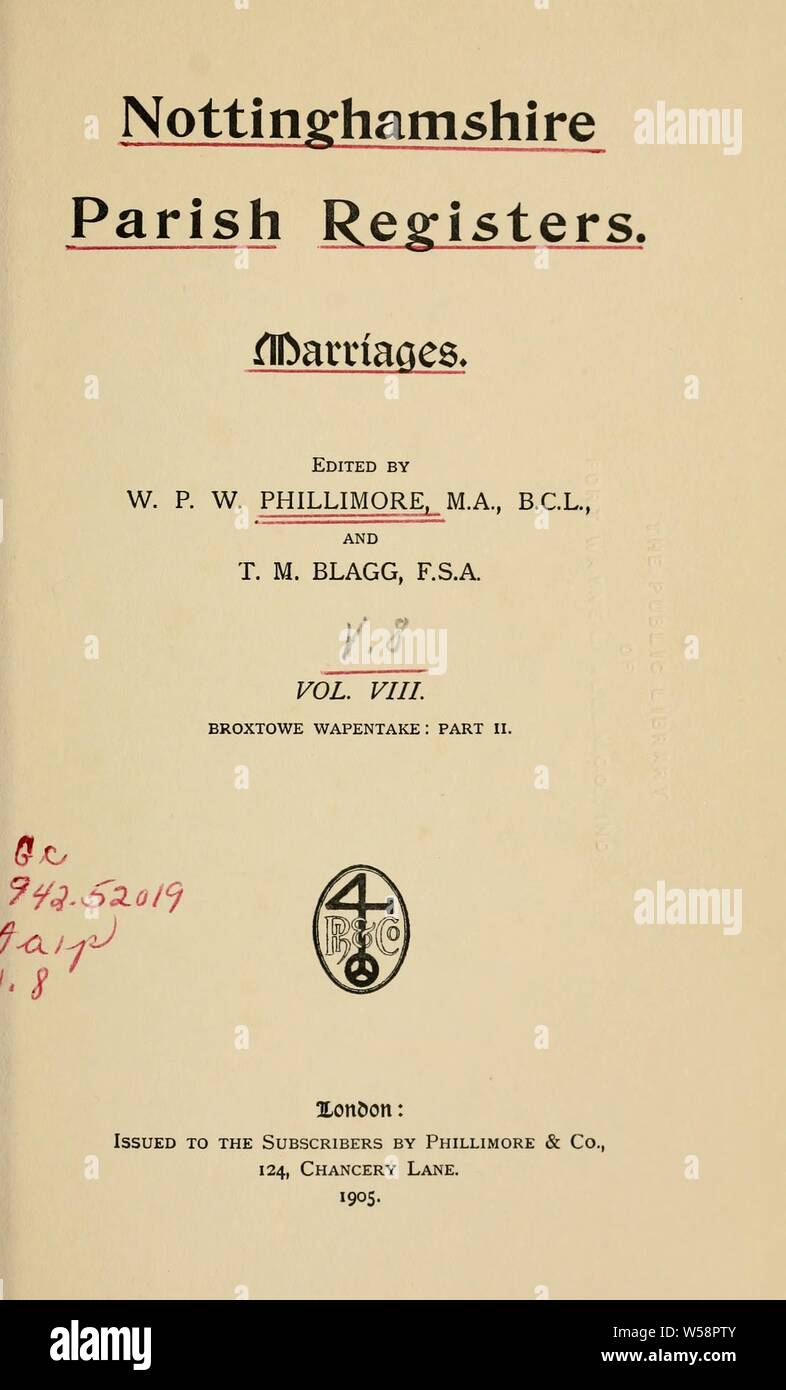 Nottinghamshire registros parroquiales. Matrimonios : Phillimore, W. P. W. (William Phillimore Vatios), 1853-1913, ed. Foto de stock