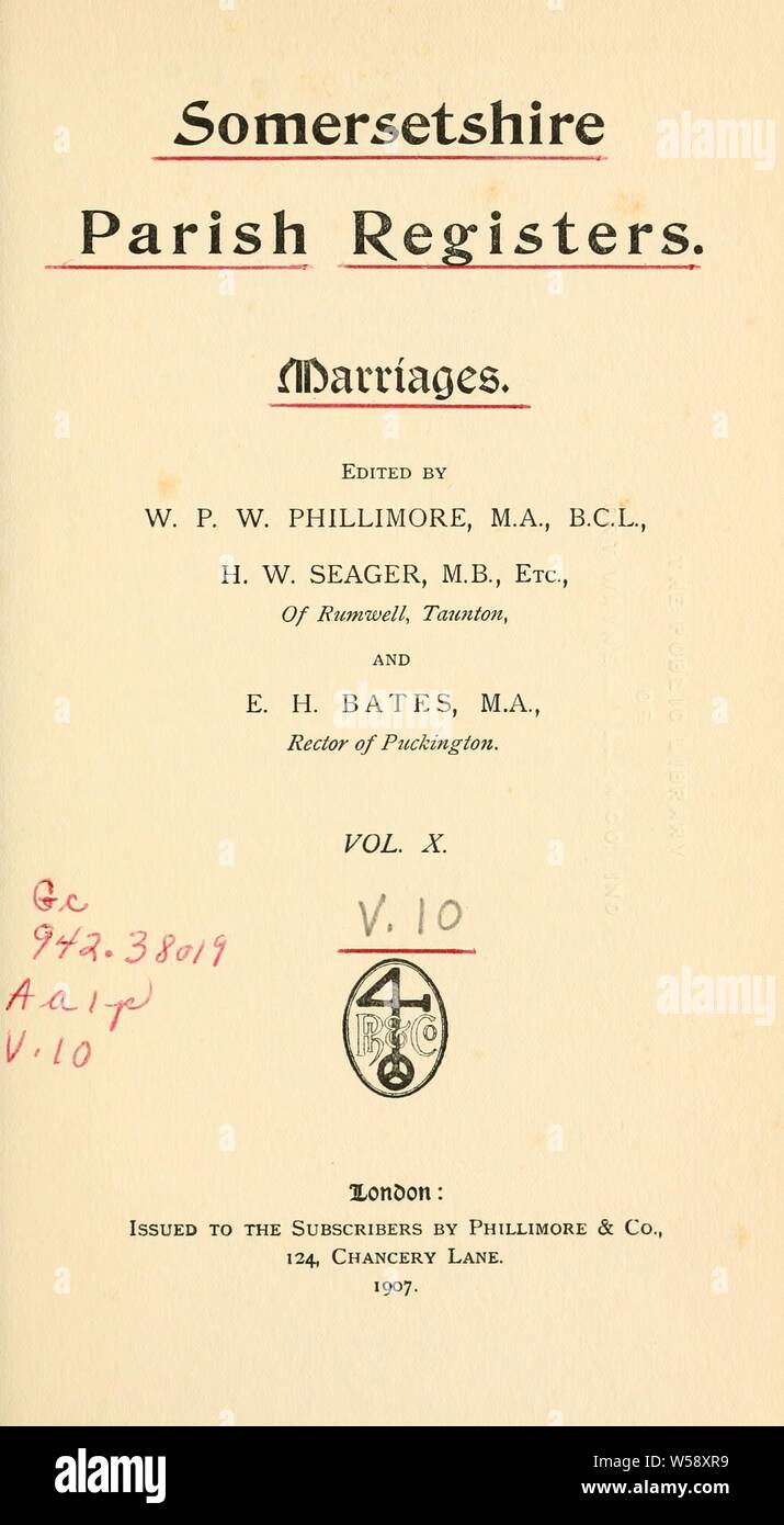Los registros parroquiales de Somerset. Matrimonios : Phillimore, W. P. W. (William Phillimore Vatios), 1853-1913, ed. Foto de stock