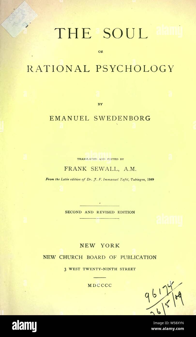 El alma o la psicología racional : Swedenborg, Emanuel, 1688-1772 Foto de stock