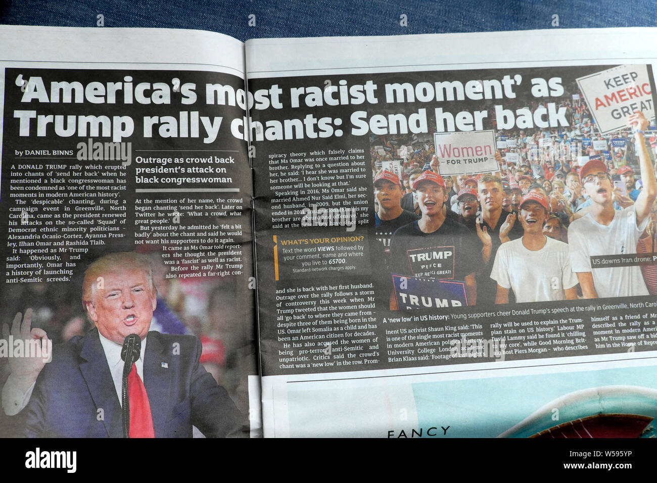 Titular de prensa ' 'America's más racistas momento' como triunfo rally cantos: Enviar su espalda' en el Metro el 19 de julio de 2019 Londres, Inglaterra Foto de stock