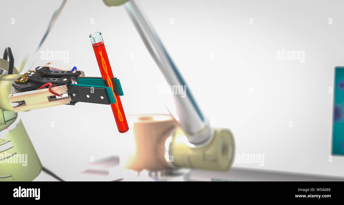 Brazo Robot holding vial con ADN laboratorio robótico de investigaciones de medicina tecnología robot robótica concepto ciencia concepto brazo robot D material de vidrio de laboratorio. Foto de stock