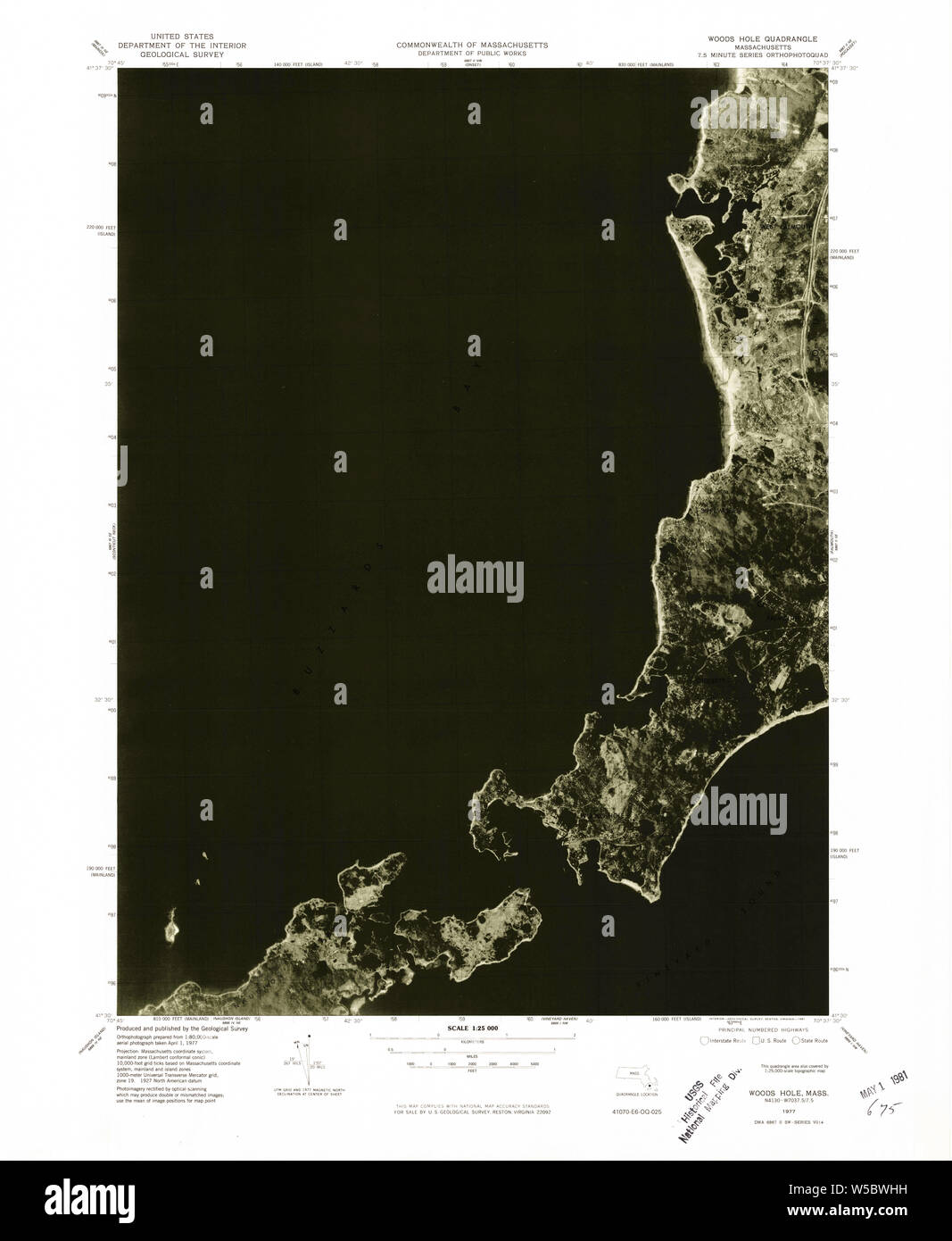 Massachusetts USGS Topo mapa histórico de Woods Hole MA 25000 1977 351446 Restauración