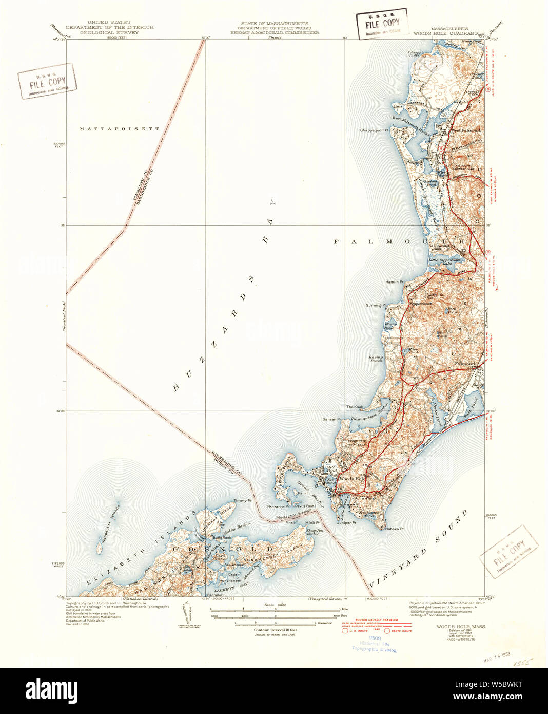 Massachusetts USGS Topo mapa histórico de Woods Hole MA 1941 31680 352388 Restauración