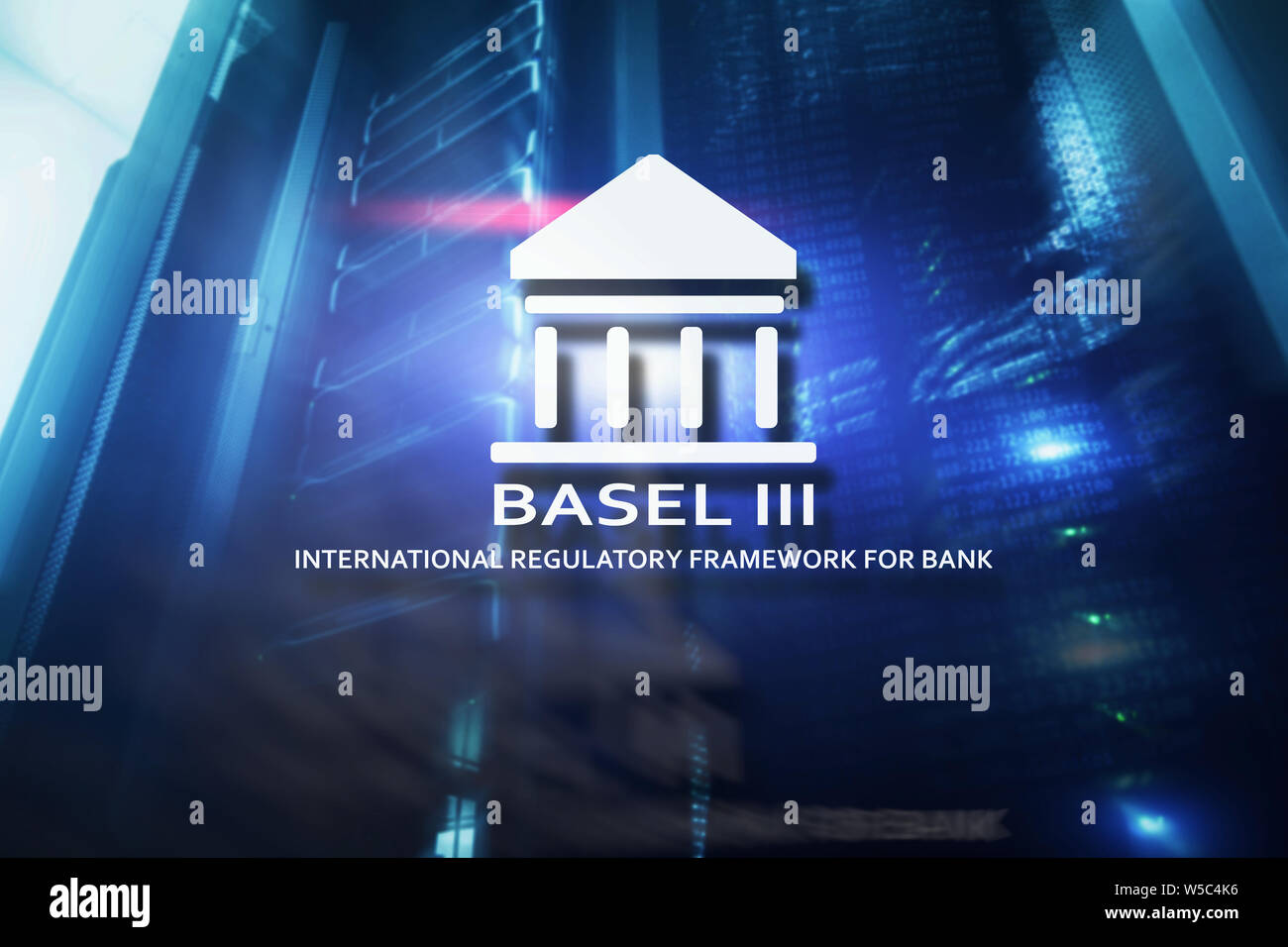 Basilea 3. Marco normativo internacional para los bancos en abstracto de fondo de la sala de servidores. Foto de stock