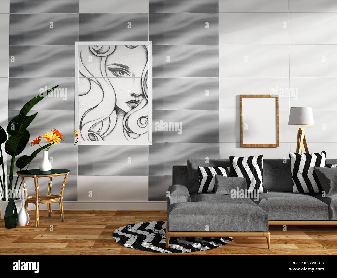 Moderna sala de estar con sofá decoración interior y plantas verdes en azulejo de pared,diseño minimalista, diseños 3D rendering Foto de stock