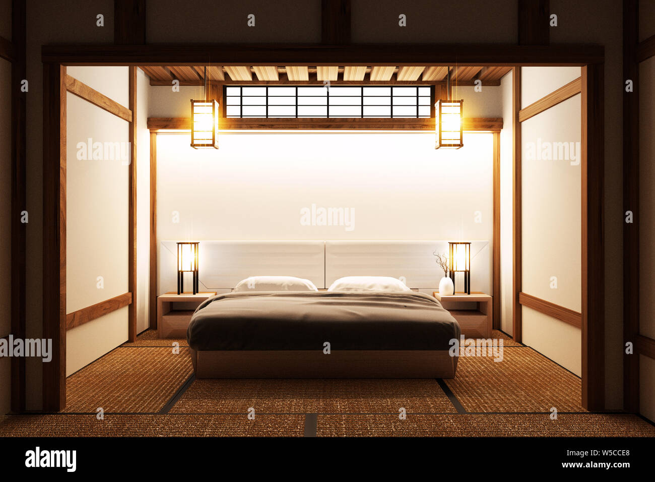 Habitación de cama original - diseño interior japonés. 3D rendering  Fotografía de stock - Alamy
