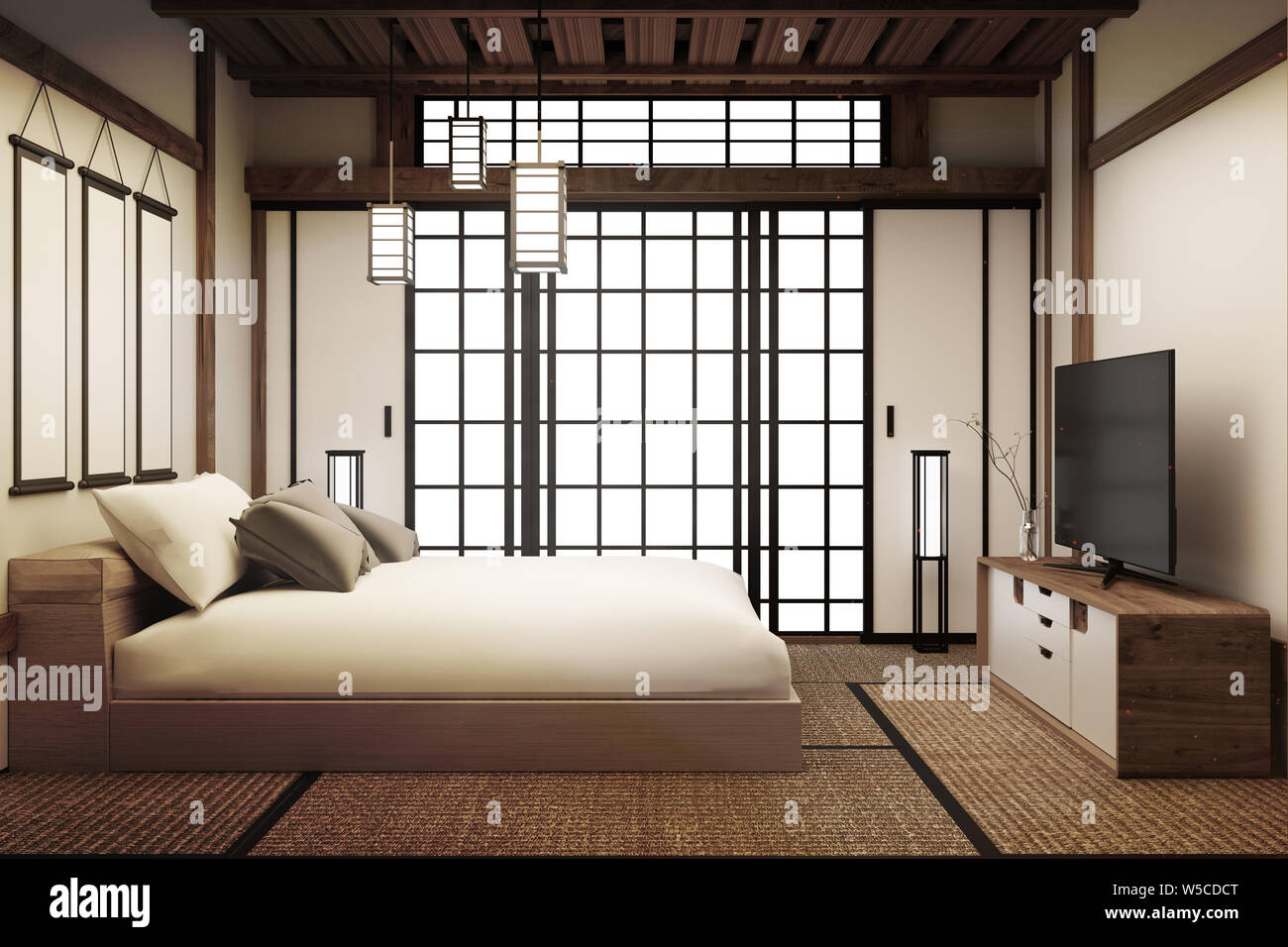 Habitación de cama, habitación con cama japonesa interior tiene lámpara y  TV inteligente. 3D rendering Fotografía de stock - Alamy