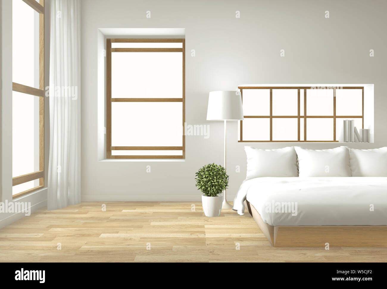 Maqueta De Pared Interior Con Cama De Madera Cortinas Y