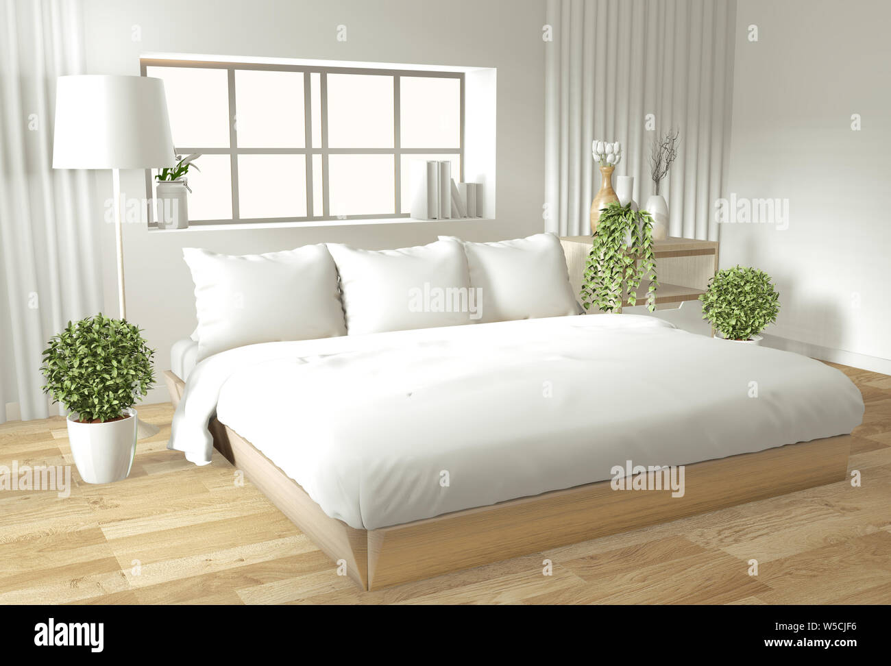 Maqueta De Pared Interior Con Cama De Madera Cortinas Y