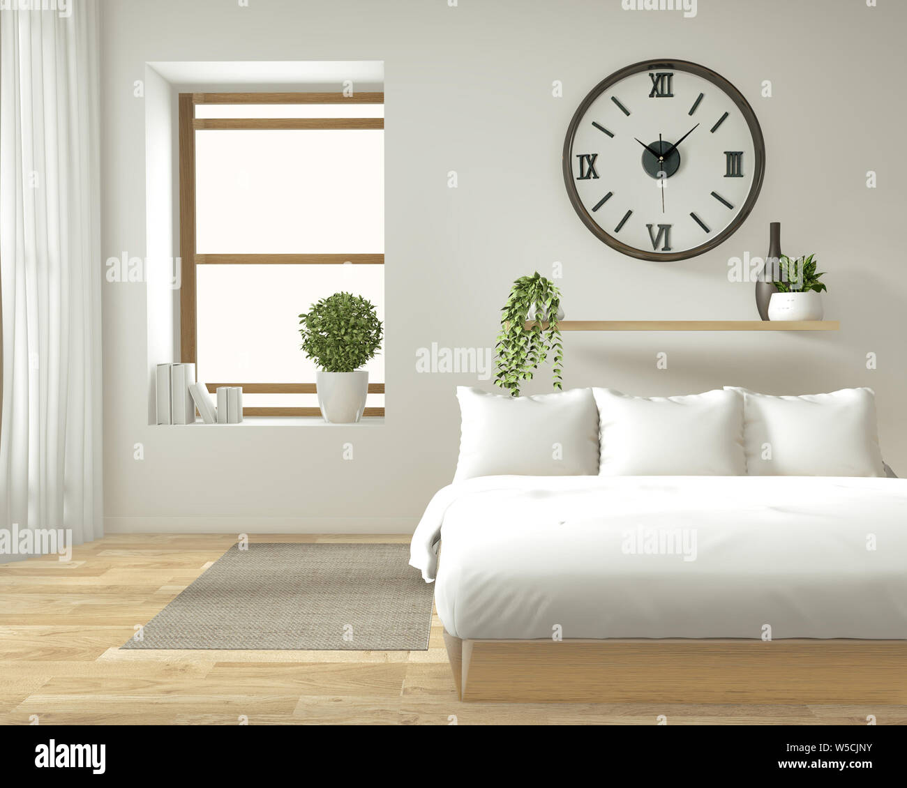 Maqueta de pared interior con cama de madera, cortinas y decoración de  estilo japonés en el dormitorio zen diseño minimalista. 3D rendering  Fotografía de stock - Alamy