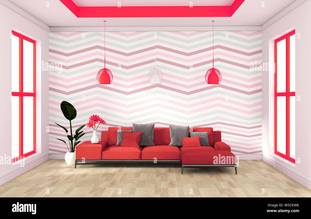 Diseno Moderno De Pared Roja Con Sofa Aparador En Un Piso De