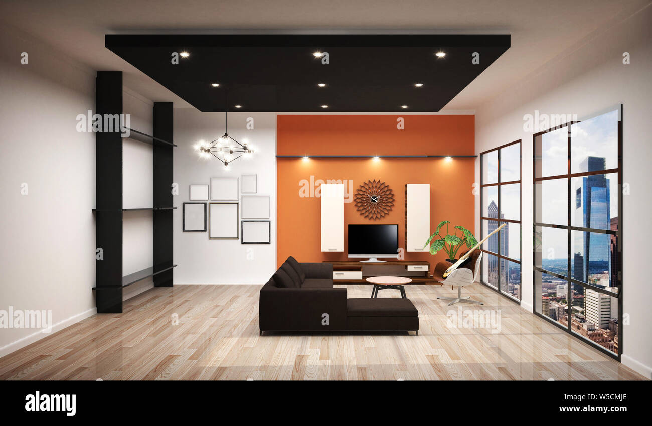 https www alamy es sala con sofa y decoracion sala de trabajo diseno de baldosas blancas y paredes de color naranja de fondo 3d rendering image261508422 html