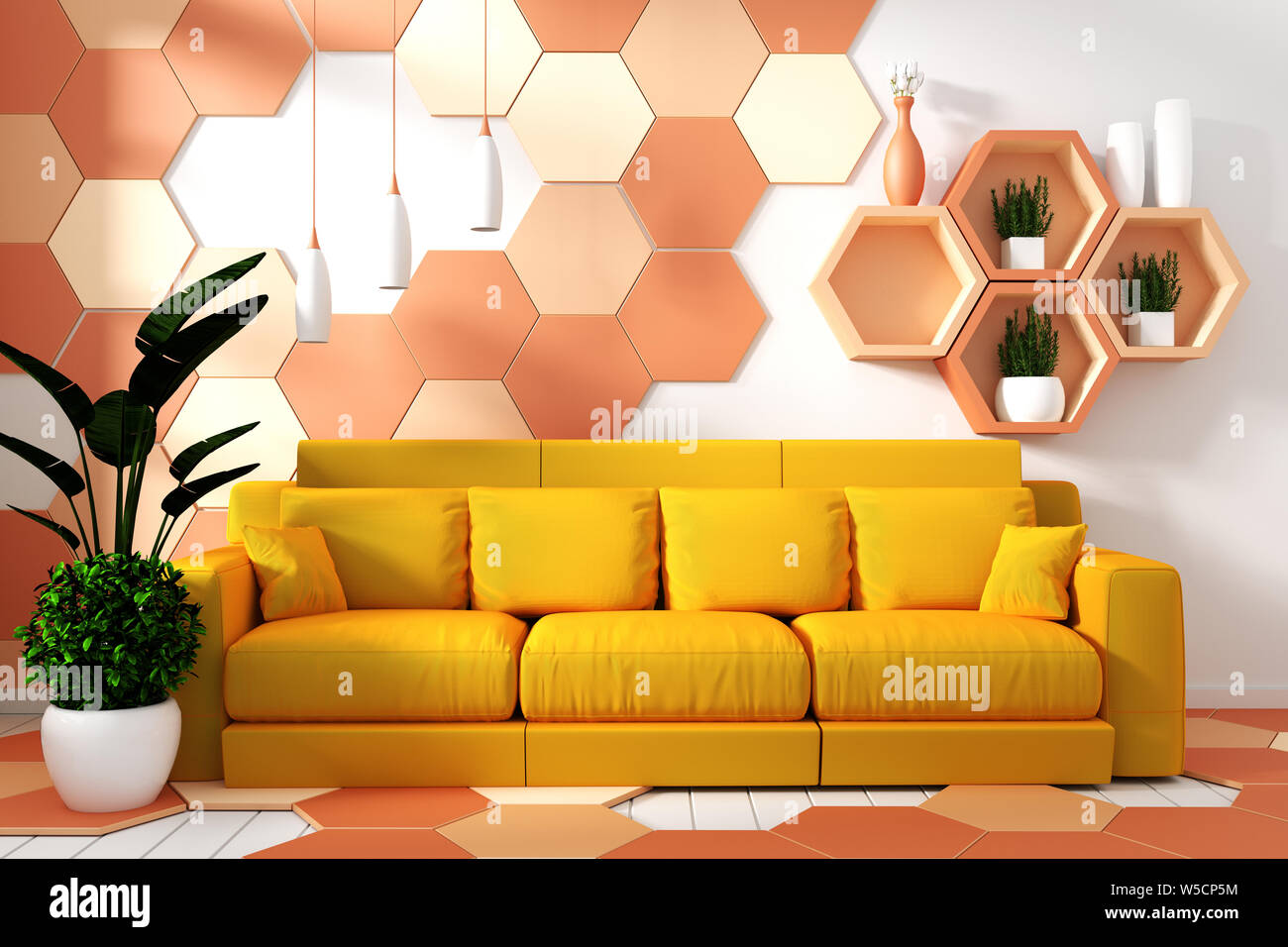 Salón Moderno interior con sillón decoración y plantas verdes en amarillo y naranja hexagonal textura en mosaico de fondo de pared,diseño minimalista, 3d ren Foto de stock
