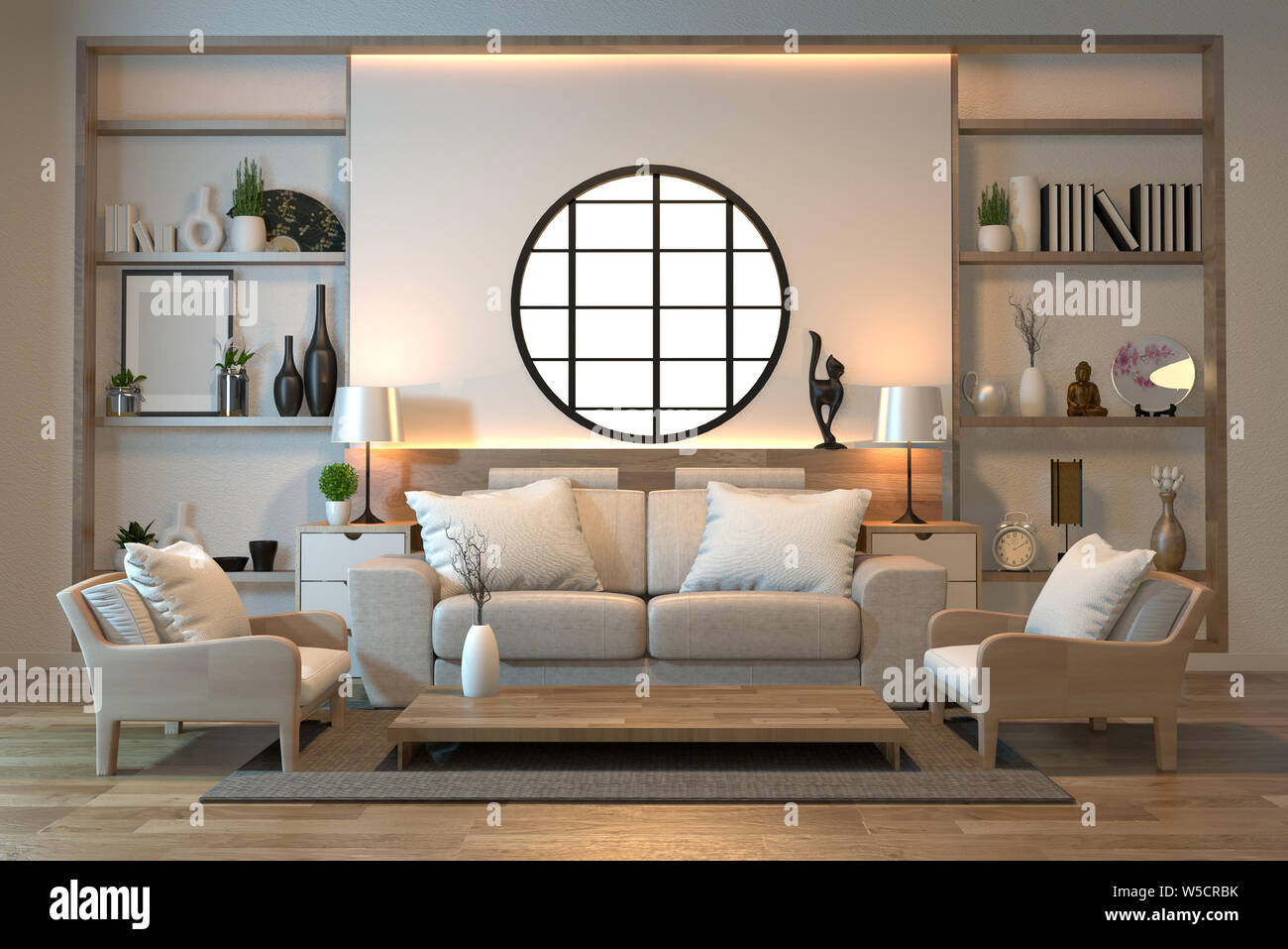 Diseño interior minimalista estilo zen sala con sofá, sillón, mesa baja y  decoración de estilo de diseño de Japón luz escondida en el estante  pared.3D rendering Fotografía de stock - Alamy