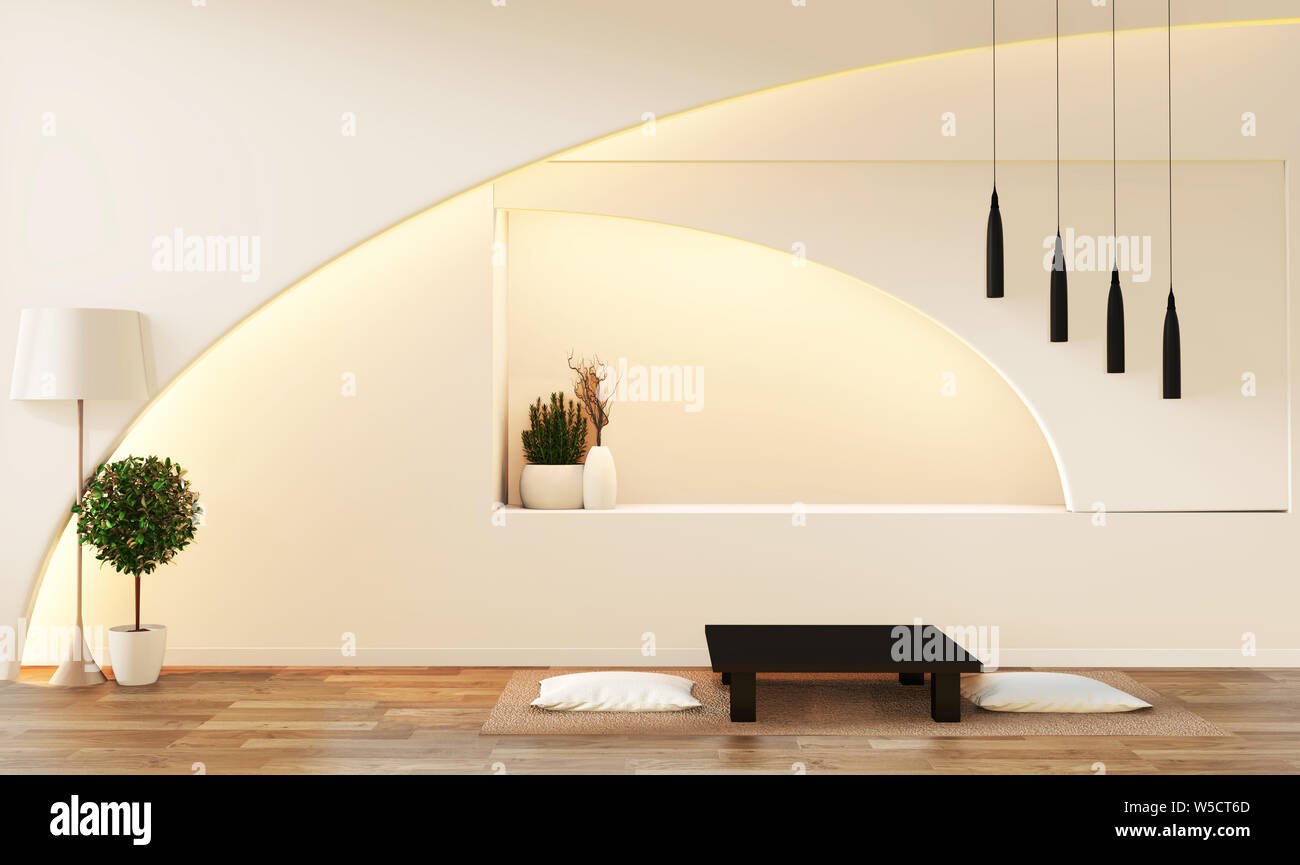 Estilo zen moderno salón blanco. Sereno y tranquilo salón. Decoración con  objetos orientales y luz escondida.3D rendering Fotografía de stock - Alamy