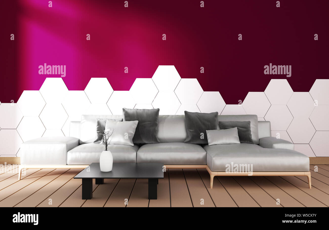 Salón Moderno interior con sillón decoración y plantas verdes en púrpura hexagonal azulejo en la pared blanca de fondo, el diseño minimalista, 3D rendering Foto de stock