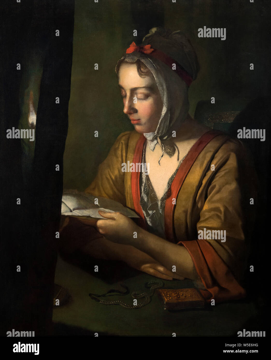 Anna Romana Wright leer a la luz de las velas por Joseph Wright de Derby (1734-1797), óleo sobre lienzo, c.1795 Foto de stock