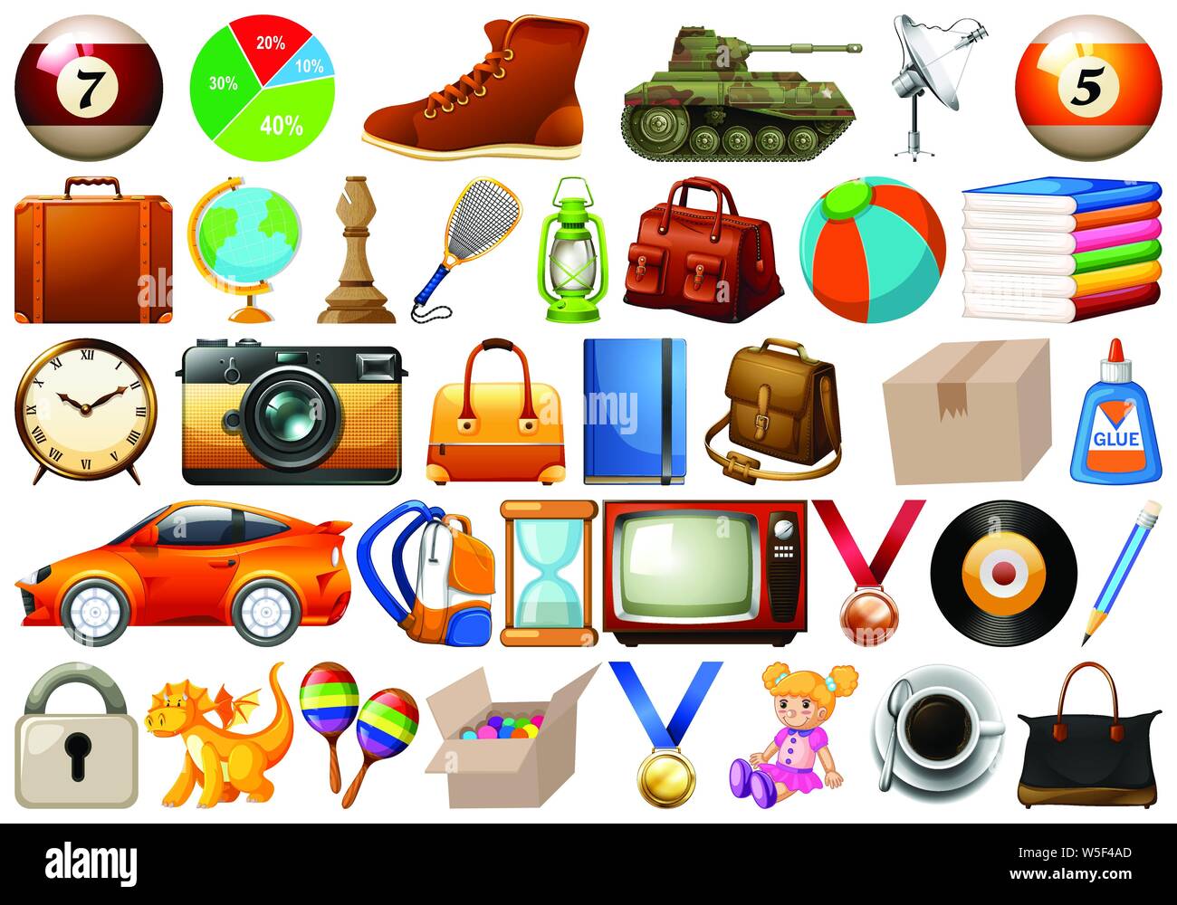 Oficina, hogar, juguetes y deporte, equipos aislados en conjunto ingente  ilustración Imagen Vector de stock - Alamy
