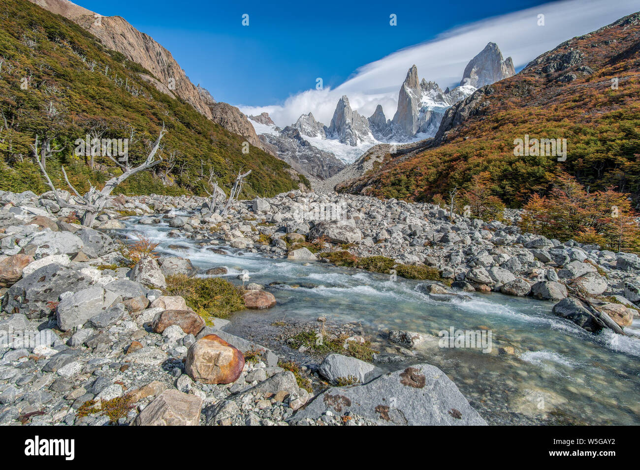 Trekking al Cerro Fitz Roy en El Chalten, Argentina Patagonia austral. Foto de stock