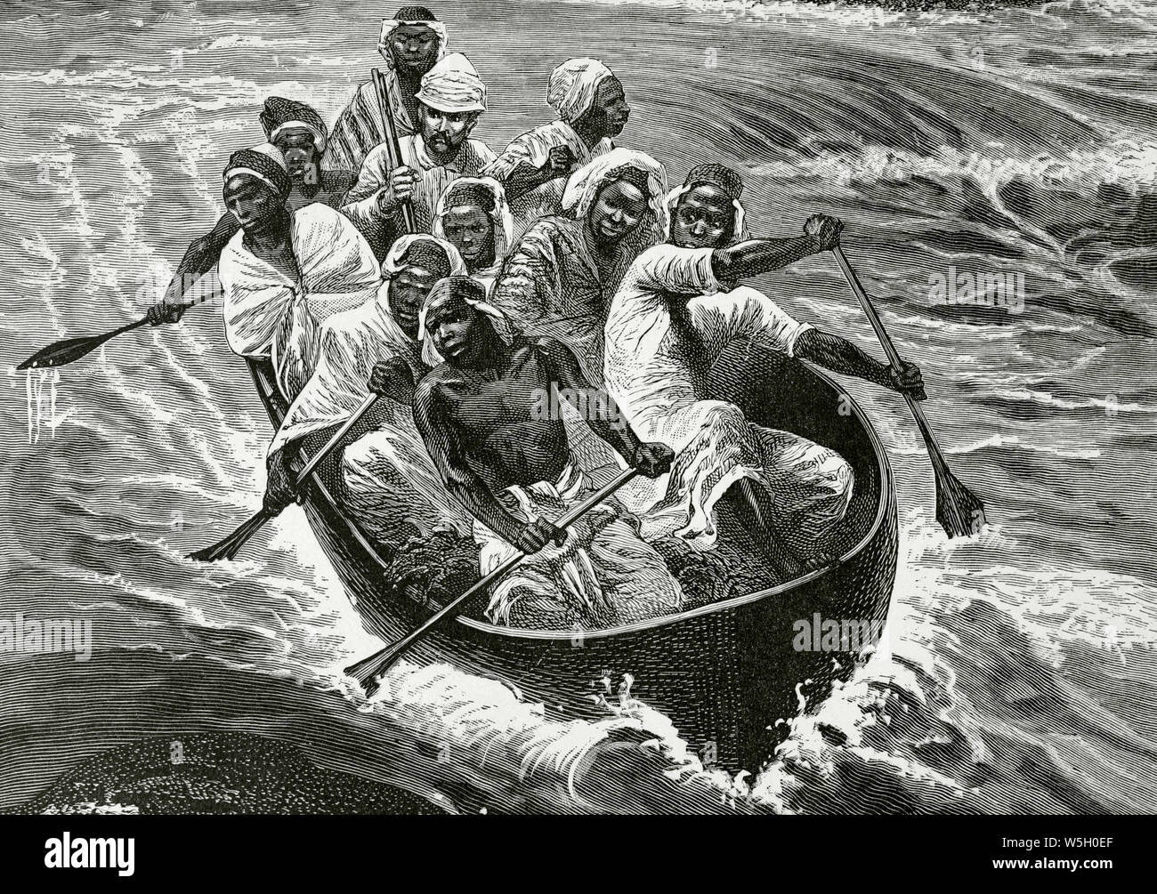 África. Stanley pasa los rápidos del río Congo en la canoa 'Lady Alice' (en la actualidad República Democrática del Congo). Grabado. Inexplorada África, el continente misterioso por Henry Morton Stanley, c. 1887. Foto de stock