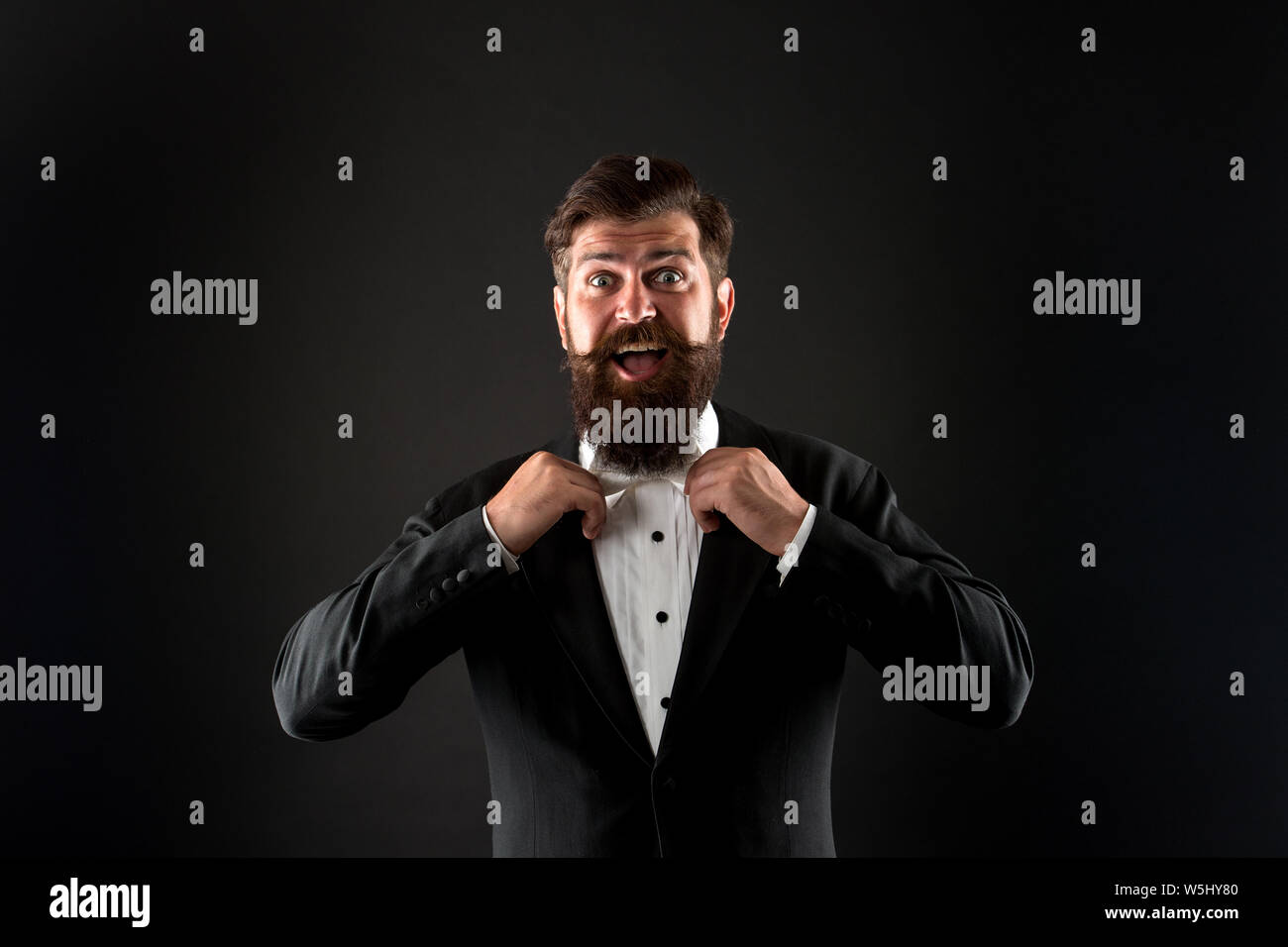 Código de vestimenta oficial del evento. Estilo clásico. Traje clásico. El  novio perfecto. Hombre Barbado con pajarita. Bien vestida escrupulosamente  aseado. Hipster traje formal smoking. Diferencia entre vintage y clásico  Fotografía de