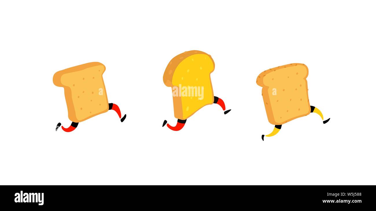 Ilustración de cómo ejecutar las tostadoras. Ejecutando trozos de pan sin mantequilla y mermelada. Vector. Freír los caracteres con las piernas. Iconos para el sitio. Signos, logo fo Ilustración del Vector