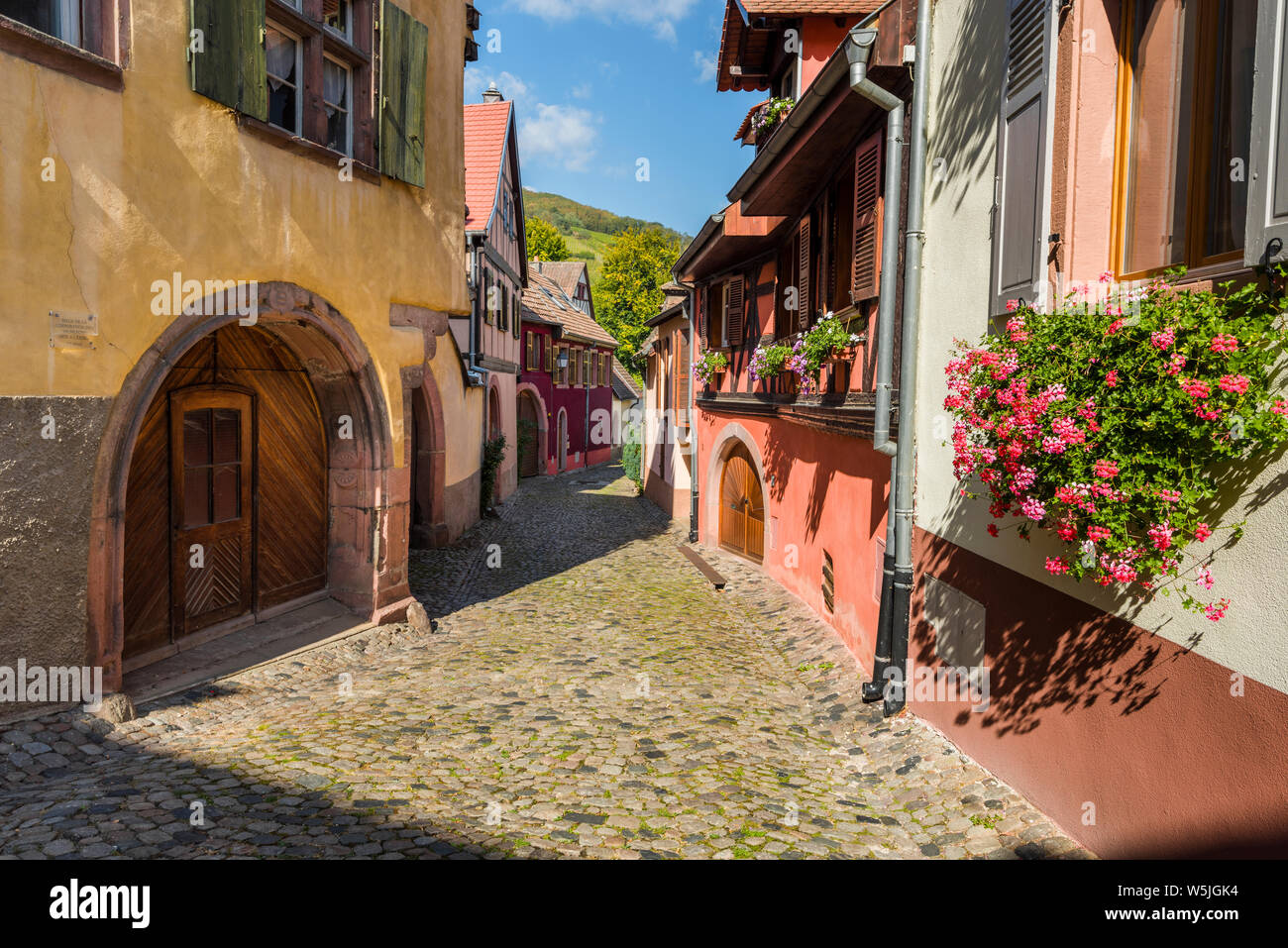Lane en la pintoresca aldea de vino Ammerschwihr, Alsacia, Francia Foto de stock