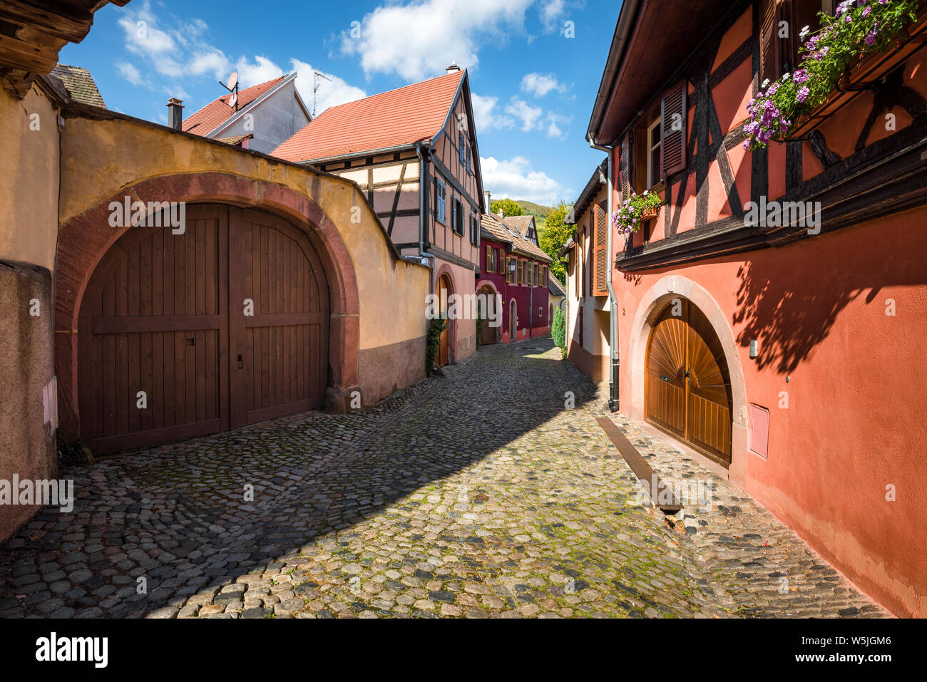 Colorido estrecho Lane en la aldea, Ammerschwihr, La Ruta del Vino de Alsacia, Francia, puertas de madera y decoración floral Foto de stock