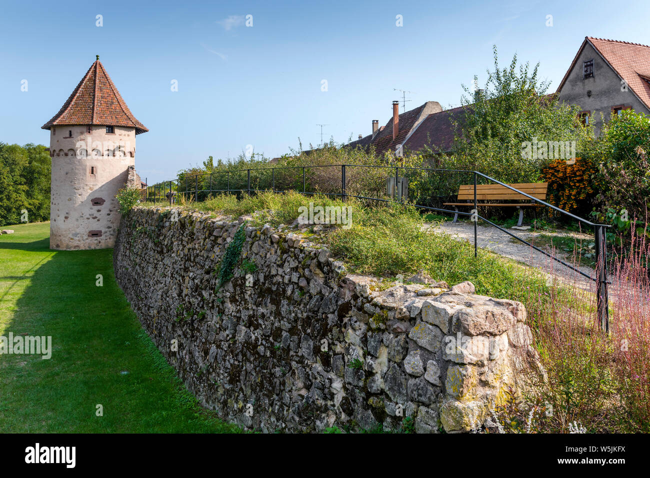 Muralla de la antigua aldea Bergheim, La Ruta del Vino de Alsacia, Francia, ciudad medieval muralla y torre de vigilancia Foto de stock