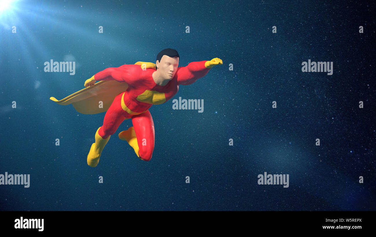 Miniatura de juguete personaje superhéroe fantasía figura volando en frente de las estrellas Foto de stock
