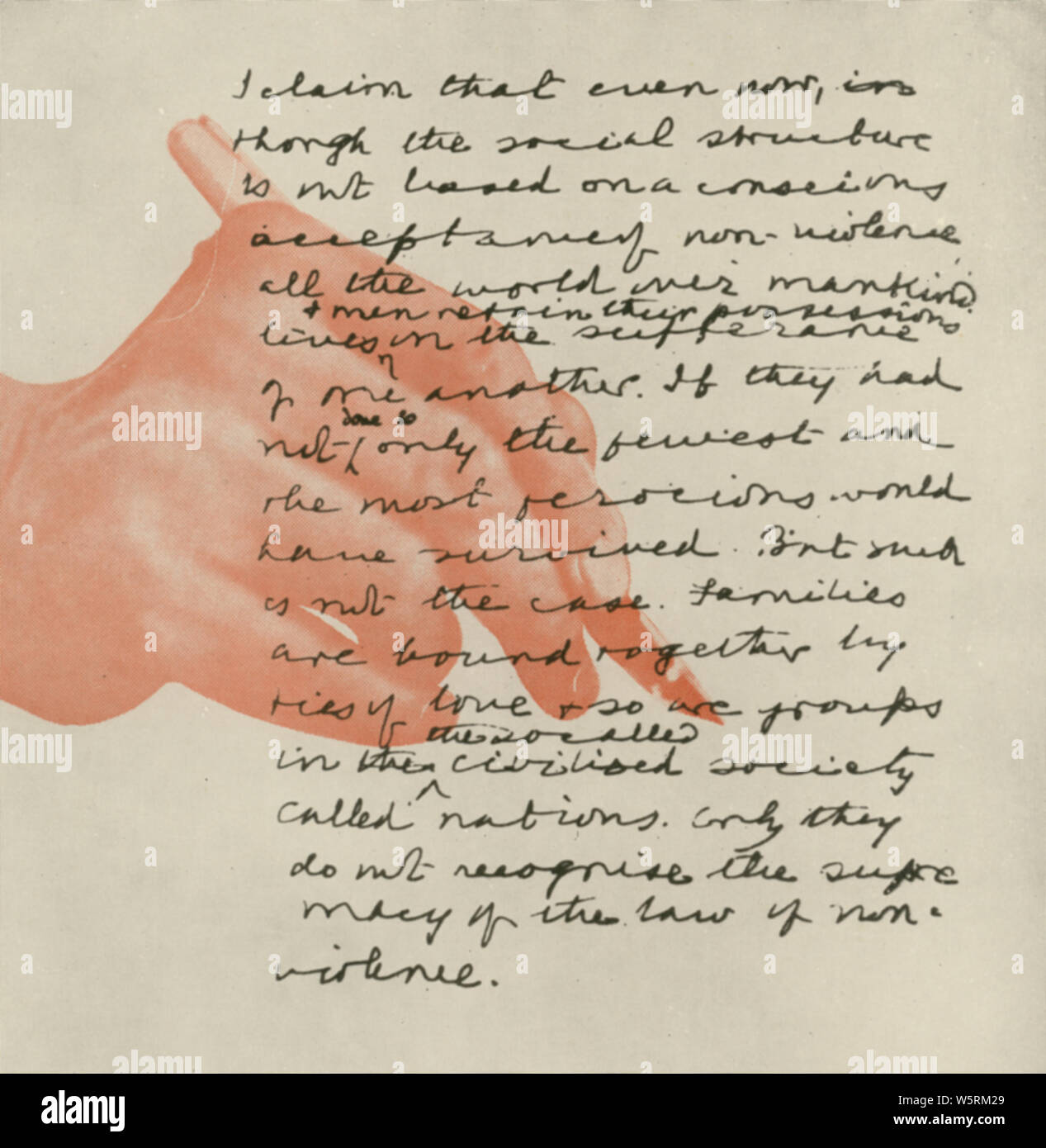 Mensaje manuscrito de Mahatma Gandhi sobre la no violencia India Asia Foto de stock