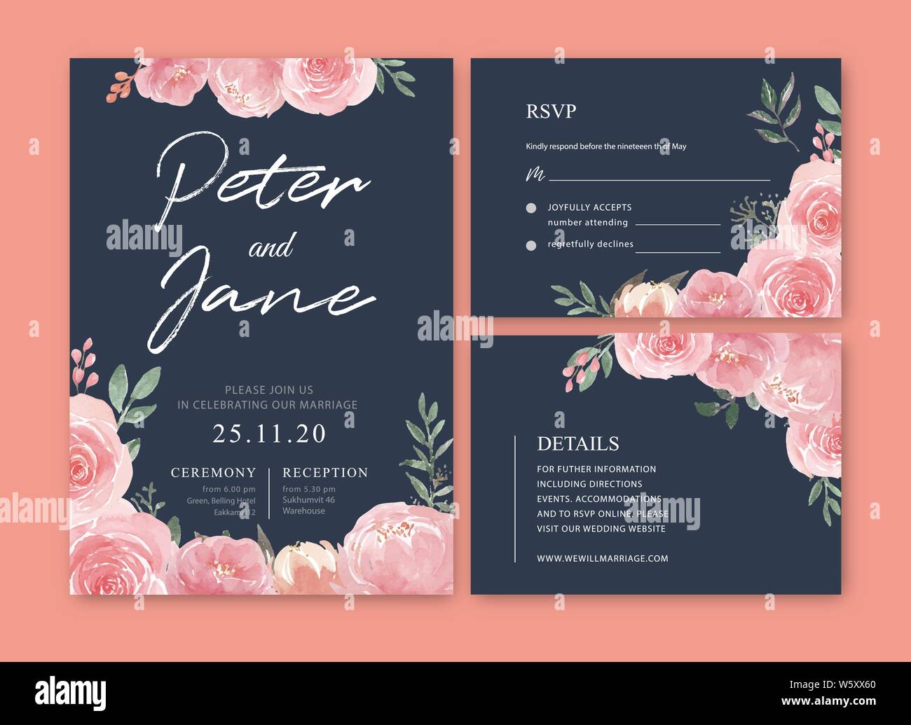 Tarjeta de boda flor acuarela, gracias tarjeta, invitación matrimonio  diseño ilustración vectorial Imagen Vector de stock - Alamy