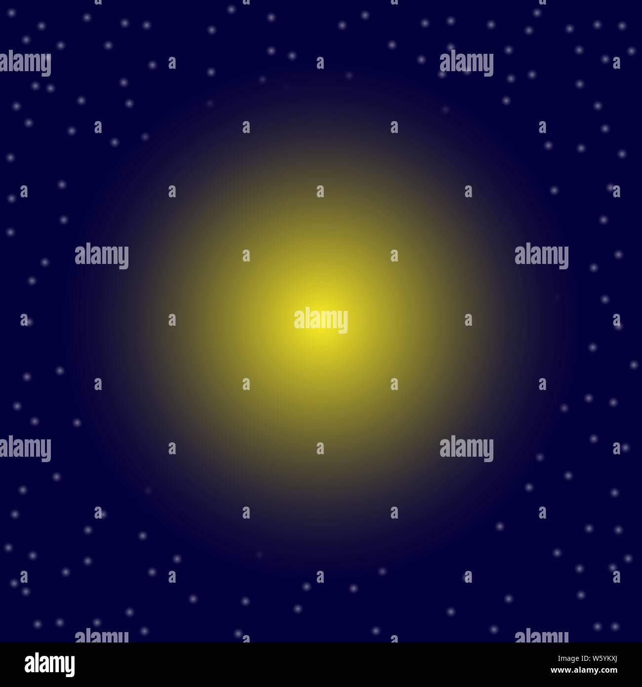 Bola de color amarillo sobre fondo azul. imitación del sol en el cielo estrellado para el diseño y decoración Ilustración del Vector