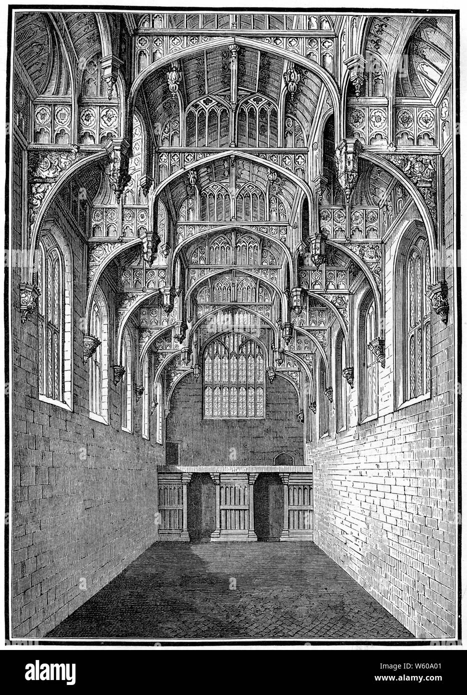 Gran Salón, Hampton Court Palace, c1900. Enrique VIII añadió el Gran Salón entre 1532 y 1535. El Gran Salón tiene un techo de vigas de martillo tallado y durante la época de los Tudor, esta era la sala más importante del palacio. Foto de stock