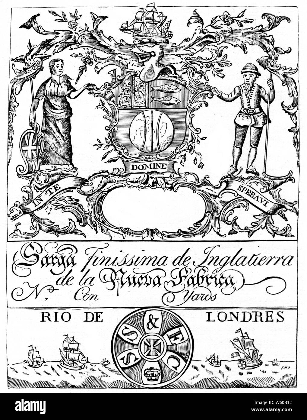 Etiqueta comercial de la Compañía del Mar del Sur, c del siglo XVIII. La South Sea Company fue fundada en 1711 con miras a la reestructuración de la deuda pública y restablecer el crédito público. Foto de stock