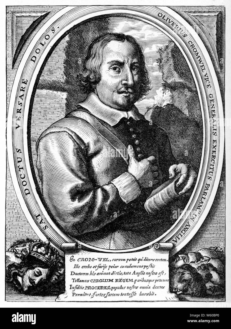 Oliver Cromwell con cabeza cortada del rey Carlos I, c1653-1660. Oliver Cromwell líder militar y político inglés y más tarde Lord Protector de la Mancomunidad de Inglaterra, Escocia e Irlanda. Cromwell fue una figura central en la Guerra Civil Inglesa liderando las 'Roundheads' o parlamentarios. Aquí está representado con la decapitada cabeza del rey Carlos I. Foto de stock