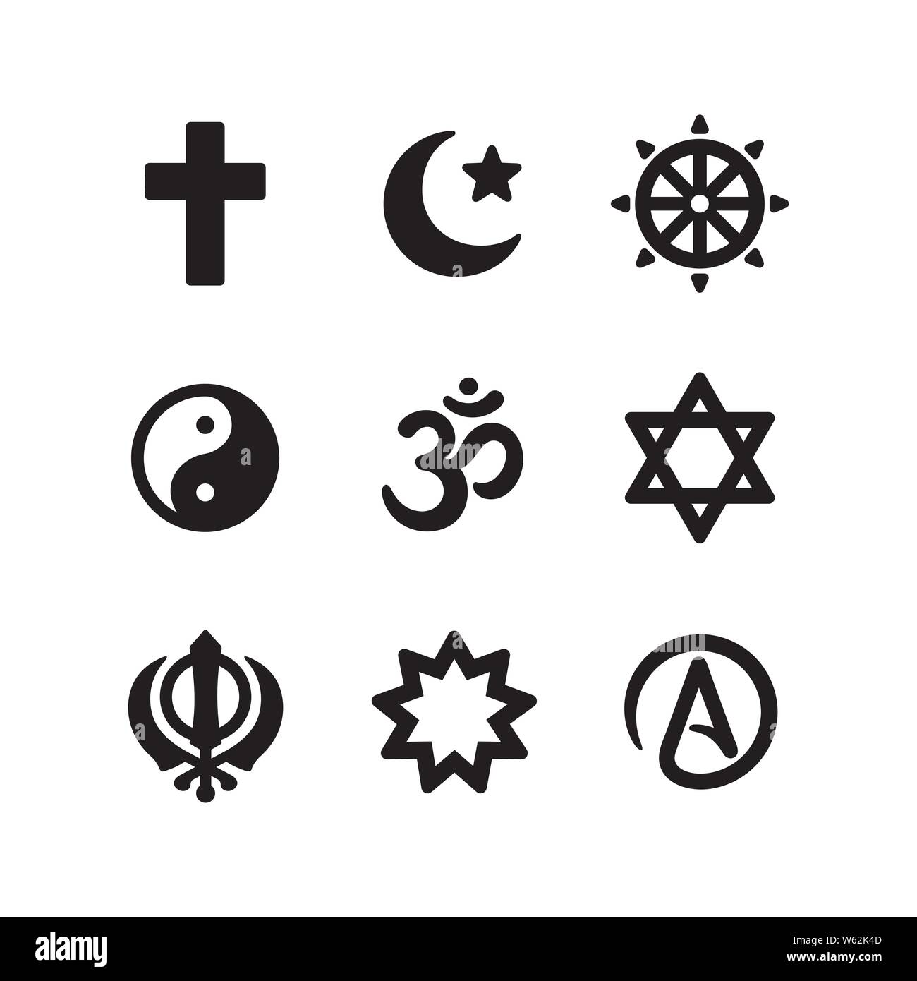 Conjunto de iconos de símbolos religiosos. El Cristianismo, Islam, Budismo,  otras de las principales religiones del mundo y ateísmo firmar, sencillo y  moderno estilo minimalista. Vector pic Imagen Vector de stock -