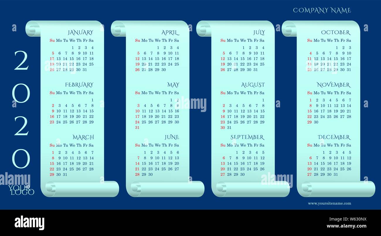 Calendario trimestral de 2020 sobre pergaminos de color menta con espacio  para el logotipo, el nombre de la empresa, el sitio web. Los domingos es  resaltada en rojo. Fondo de color azul
